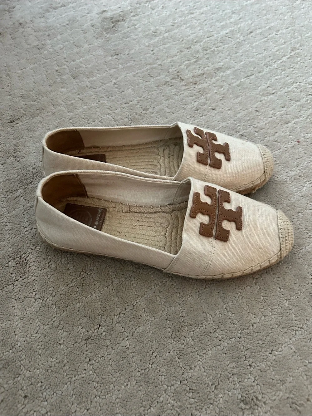 Tory Burch Cream Canvas Espadrilles with Brown Logo Emblem